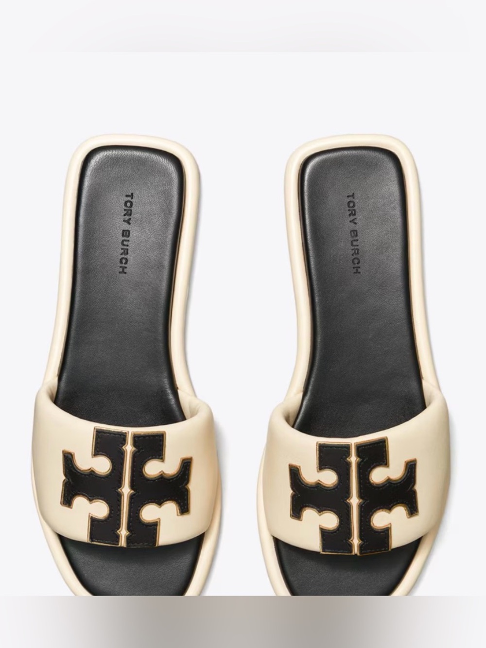 Tory Burch Cream and Black Logo Slide Mules